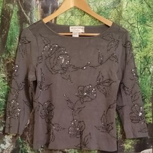 Adrianna Papell Charcoal Floral Embellished Blouse